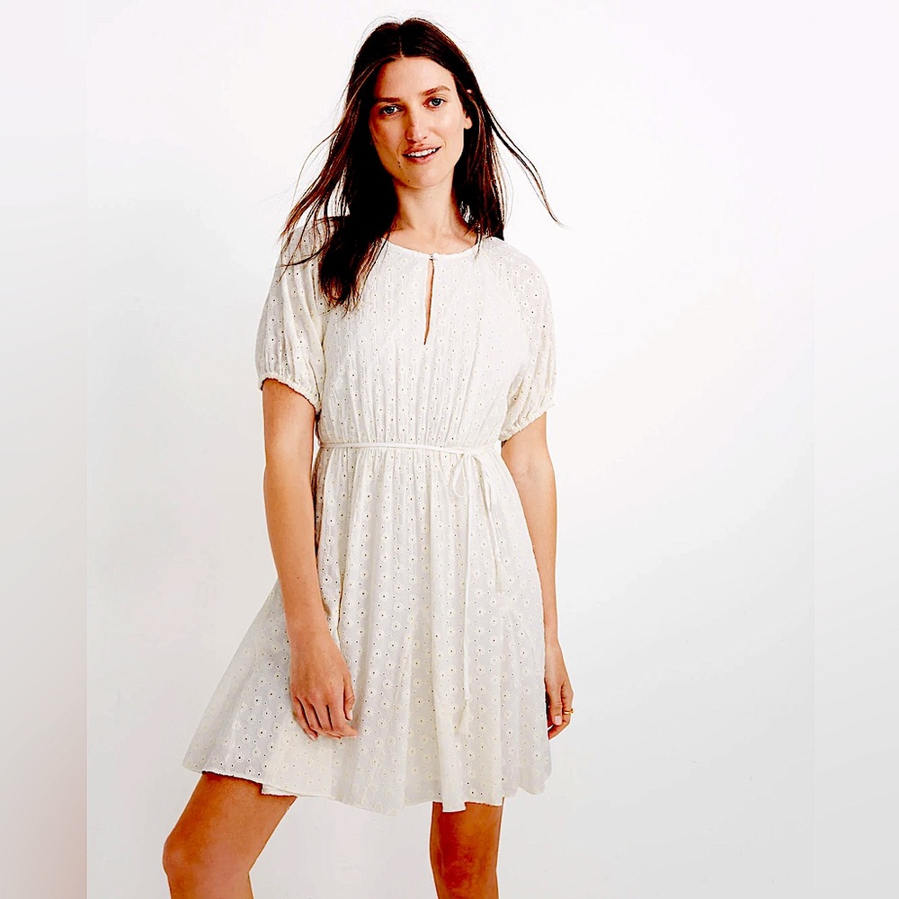 Madewell ivory Eyelet Tassel-Tie Mini Dress sz 10 cream dress - Picture 6 of 11